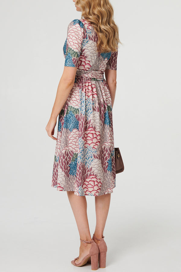 MULTIBEIGE / Abstract 1/2 Sleeve Ruched Midi Dress