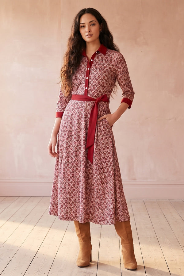 MULTIPINK / Printed 3/4 Sleeve Tie Waist Maxi Dress