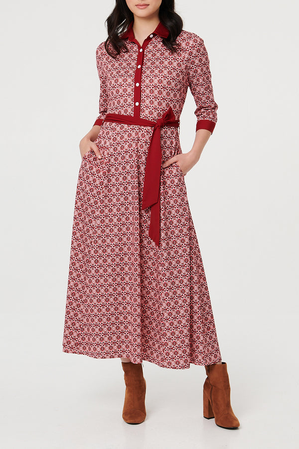 MULTIPINK / Printed 3/4 Sleeve Tie Waist Maxi Dress