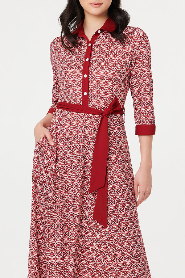 MULTIPINK / Printed 3/4 Sleeve Tie Waist Maxi Dress