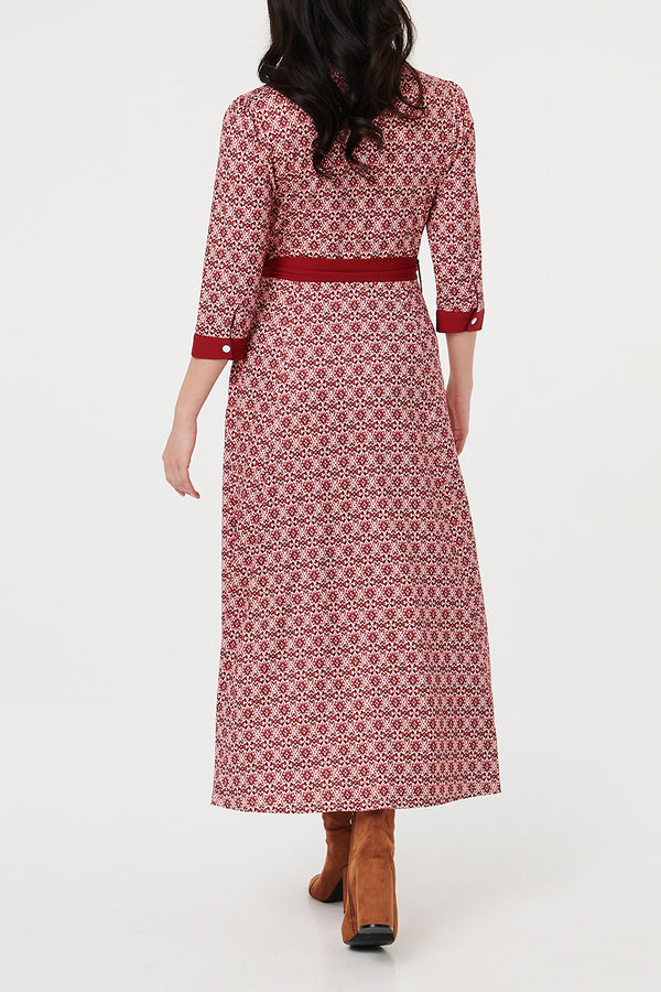 MULTIPINK / Printed 3/4 Sleeve Tie Waist Maxi Dress
