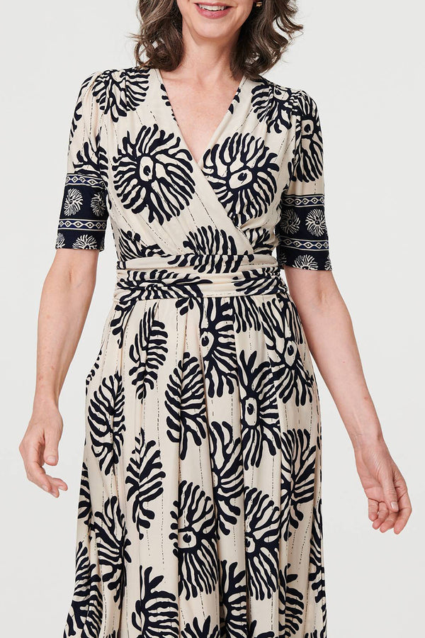 MULTI NAVY | Printed Faux Wrap Front Midi Dress