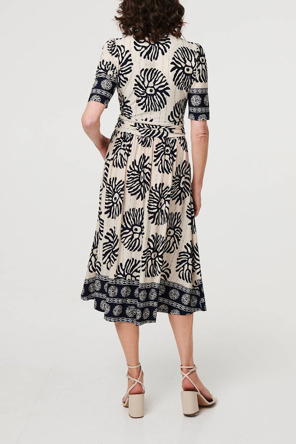 MULTI NAVY | Printed Faux Wrap Front Midi Dress