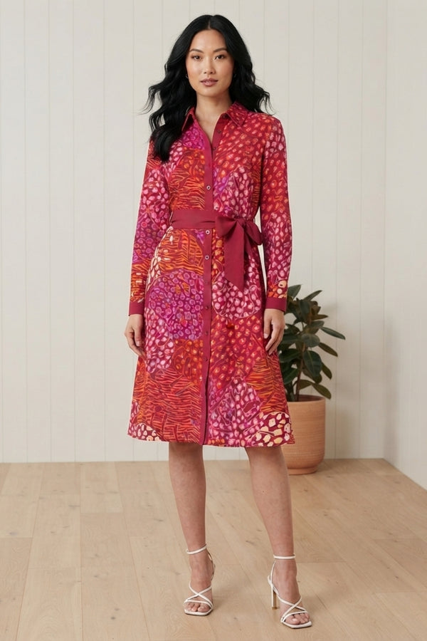 Abstract Long Sleeve Midi Shirt Dress| PINK