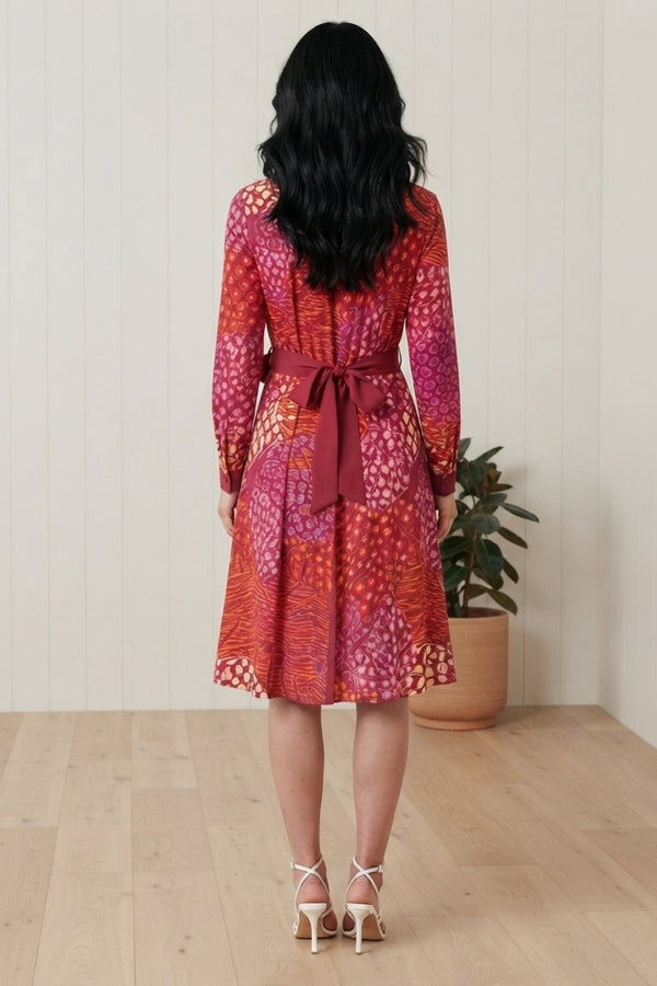 Abstract Long Sleeve Midi Shirt Dress| PINK