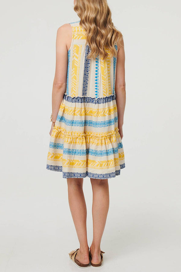 BLUE | Printed Sleeveless Tiered Short Dress