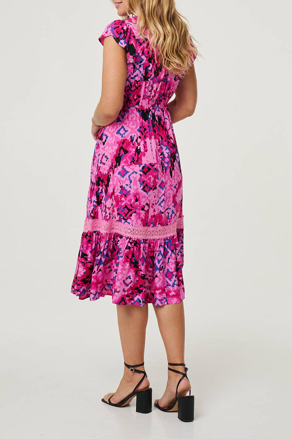 PINK | Printed Lace Cap Sleeve Midi Dress