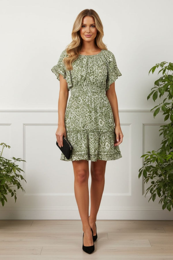Printed 1/2 Frill Sleeve Short Dress | GREEN