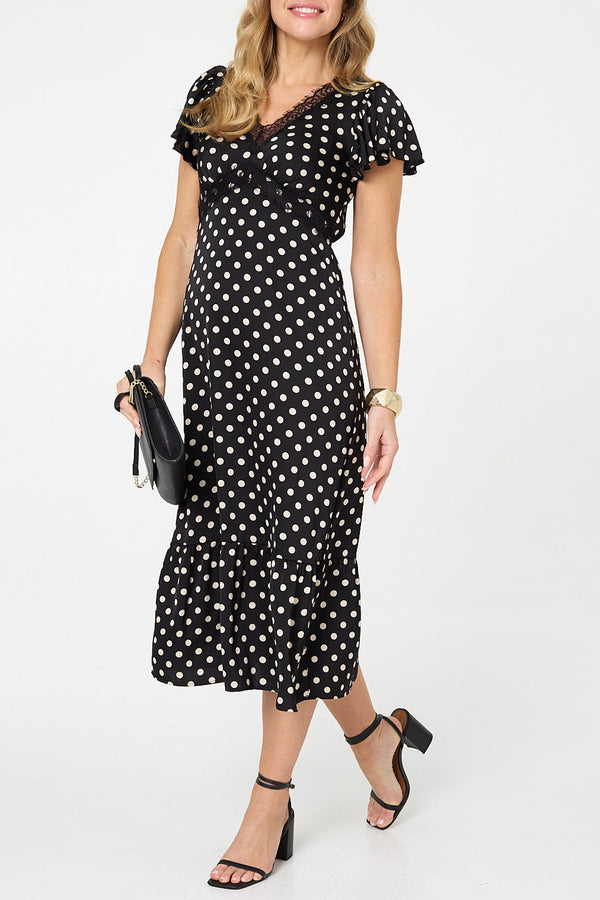Polka Dot Print Short Sleeve Midi Dress| MULTI BLACK