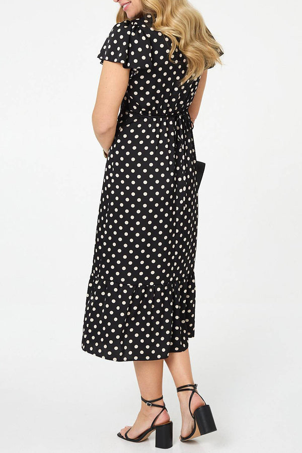 Polka Dot Print Short Sleeve Midi Dress| MULTI BLACK