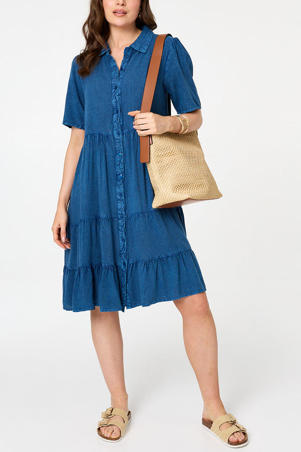 1/2 Sleeve Knee Length Shirt Dress| BLUE