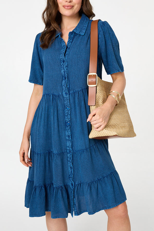 1/2 Sleeve Knee Length Shirt Dress| BLUE