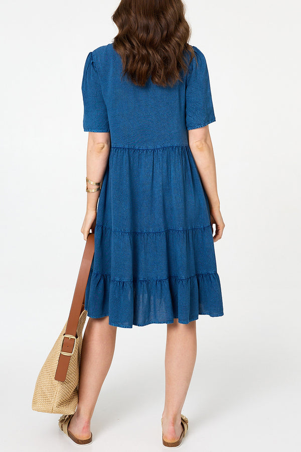 1/2 Sleeve Knee Length Shirt Dress| BLUE