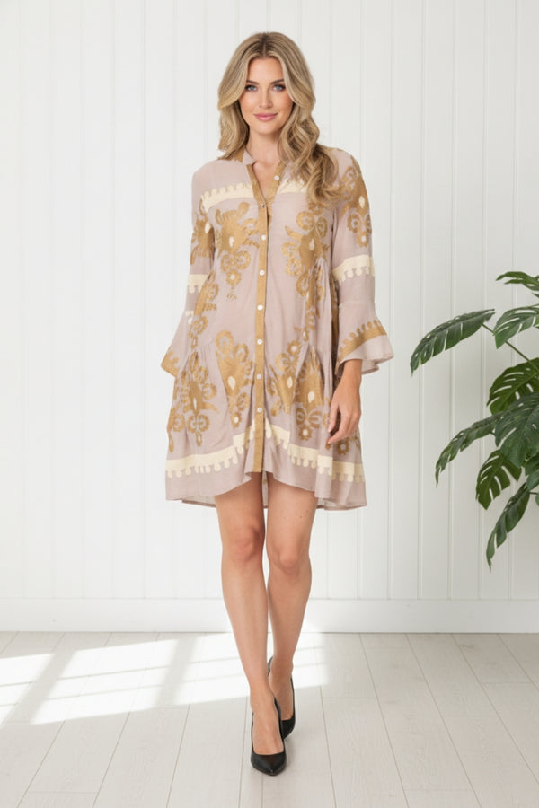 Printed Relaxed Long Sleeve Short Dress| BEIGE