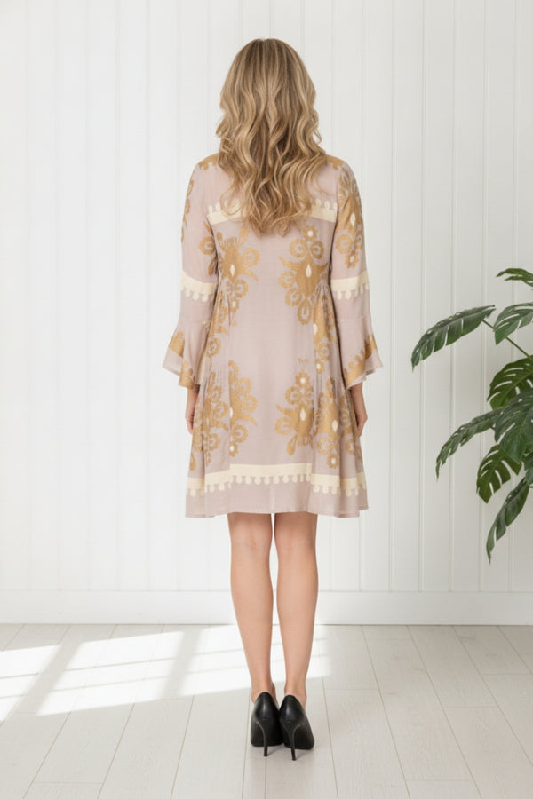 Printed Relaxed Long Sleeve Short Dress| BEIGE