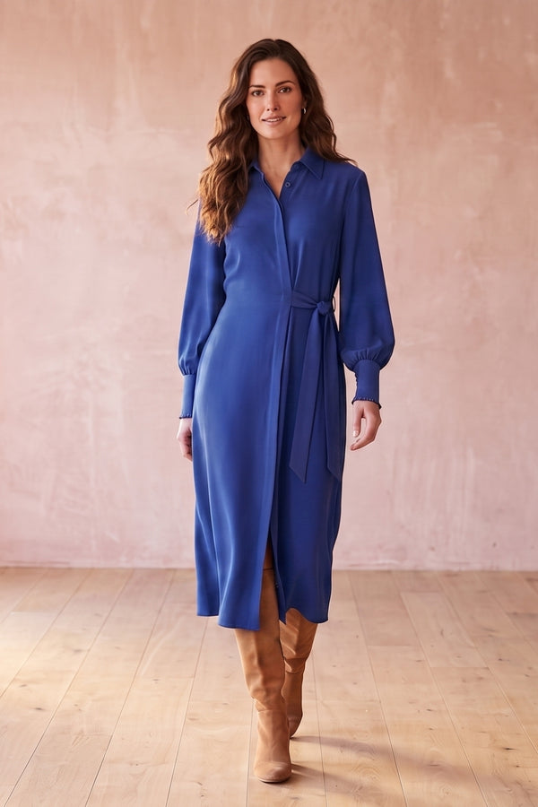 Asymmetric Long Sleeve Midi Shirt Dress| BLUE