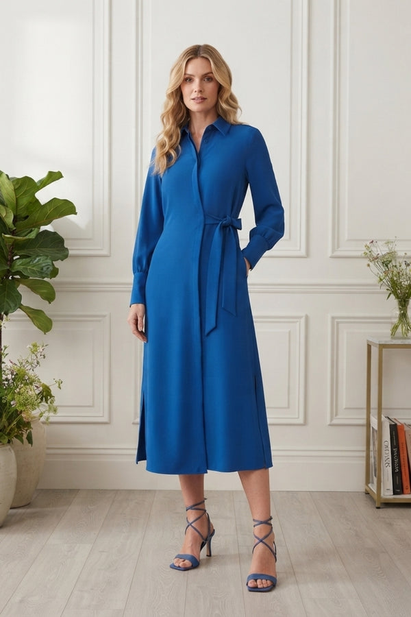 Asymmetric Long Sleeve Midi Shirt Dress| BLUE