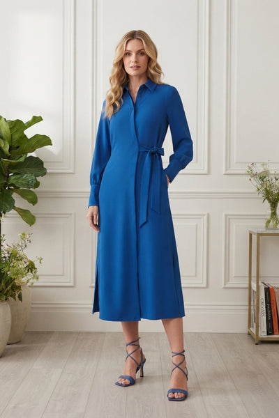 Asymmetric Long Sleeve Midi Shirt Dress| BLUE