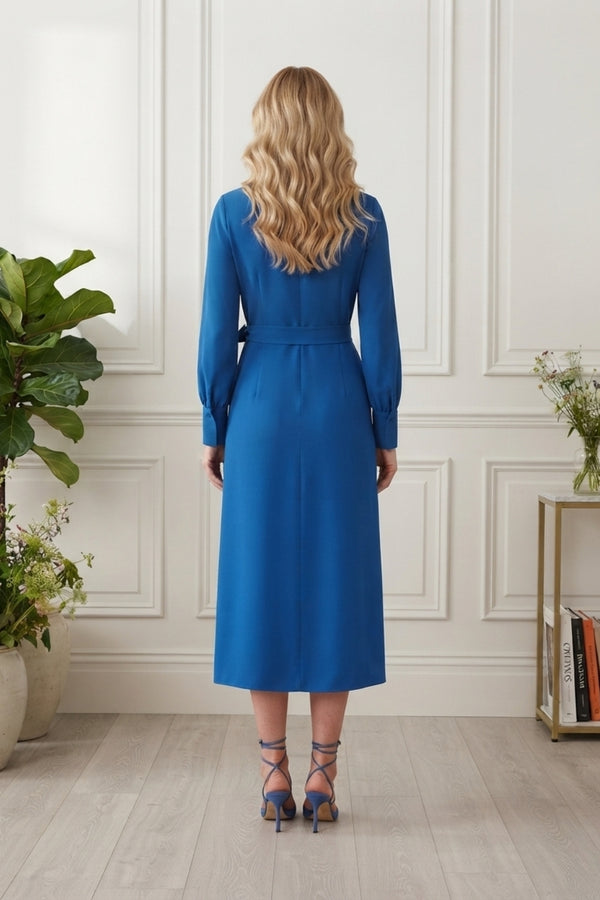 Asymmetric Long Sleeve Midi Shirt Dress| BLUE