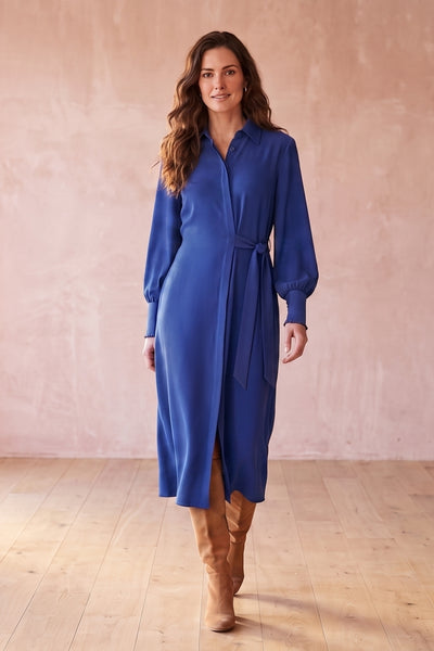 Asymmetric Long Sleeve Midi Shirt Dress| BLUE