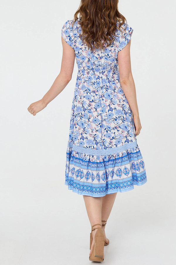 BLUE | Floral Shirred Cap Sleeve Midi Dress
