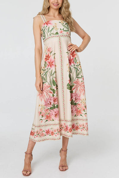 Floral Border Print Tie Strap Midi Dress| MULTI BEIGE