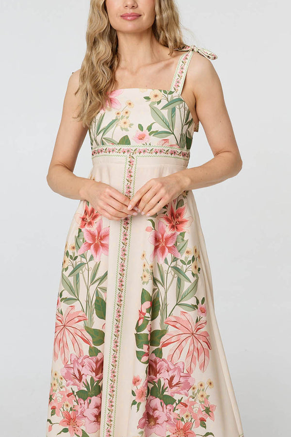 Floral Border Print Tie Strap Midi Dress| MULTI BEIGE