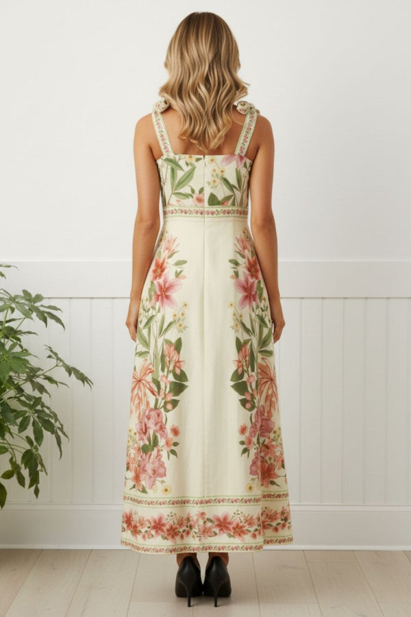 Floral Border Print Tie Strap Midi Dress