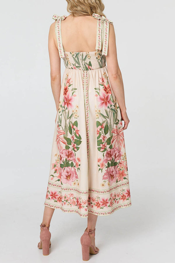 Floral Border Print Tie Strap Midi Dress| MULTI BEIGE