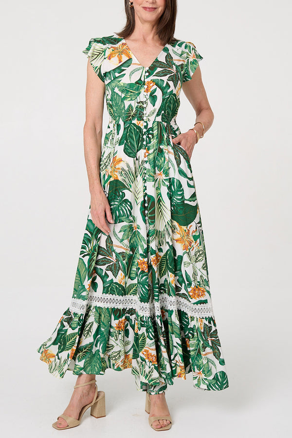 Leaf Print Cap Sleeve Maxi Dress| MULTI GREEN