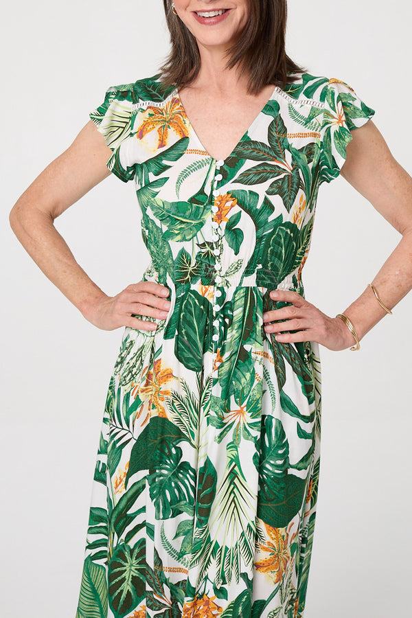 Leaf Print Cap Sleeve Maxi Dress| MULTI GREEN