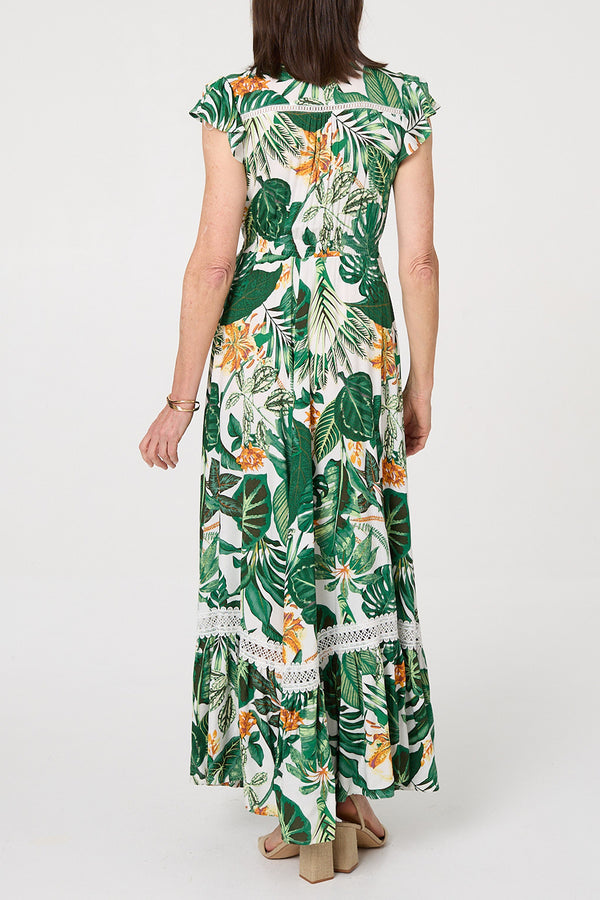Leaf Print Cap Sleeve Maxi Dress| MULTI GREEN