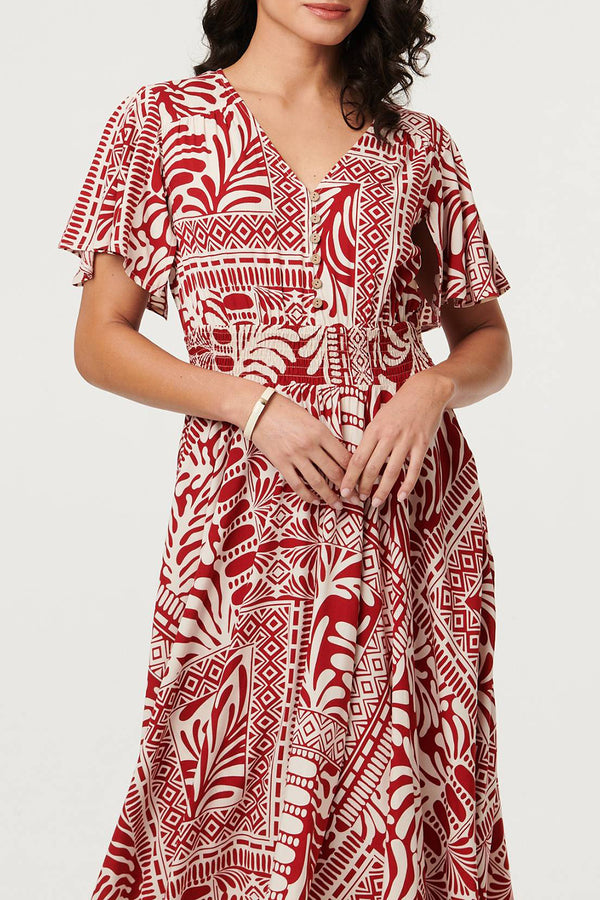Abstract Angel Sleeve Midi Dress| RED