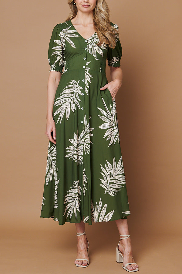 Leaf Print Puff Sleeve Maxi Dress| GREEN