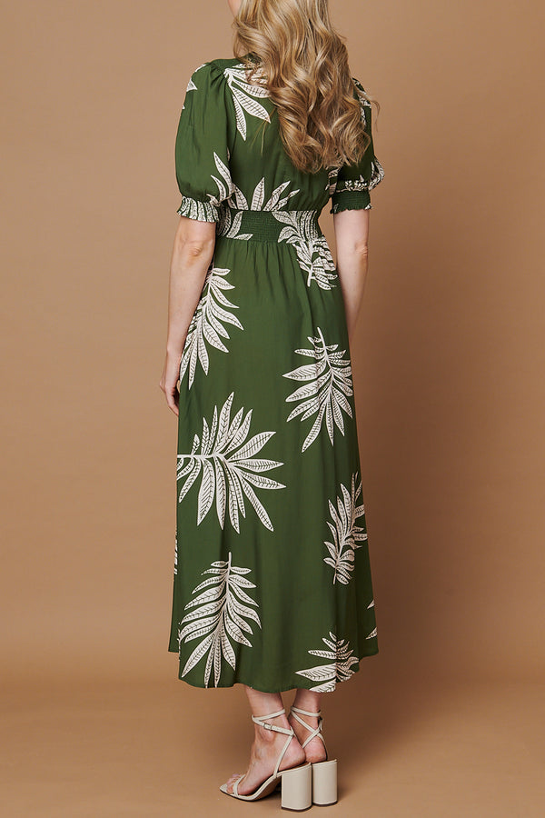 Leaf Print Puff Sleeve Maxi Dress| GREEN