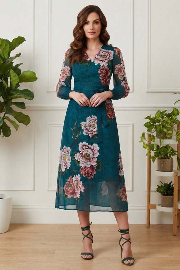 Floral Semi Sheer Tie Midi Dress| MULTI GREEN