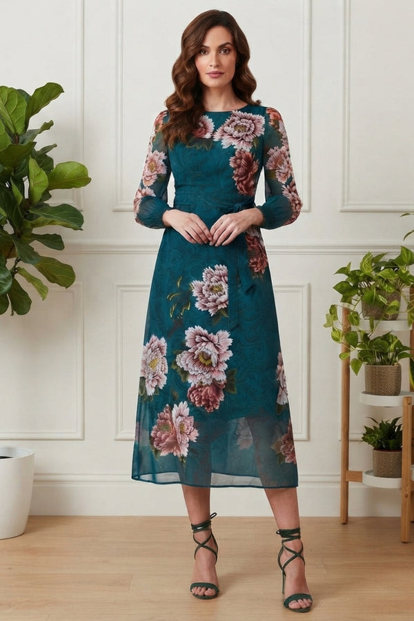Floral Semi Sheer Tie Midi Dress | MULTI GREEN