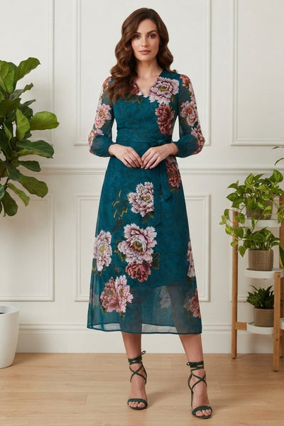 Floral Semi Sheer Tie Midi Dress| MULTI GREEN