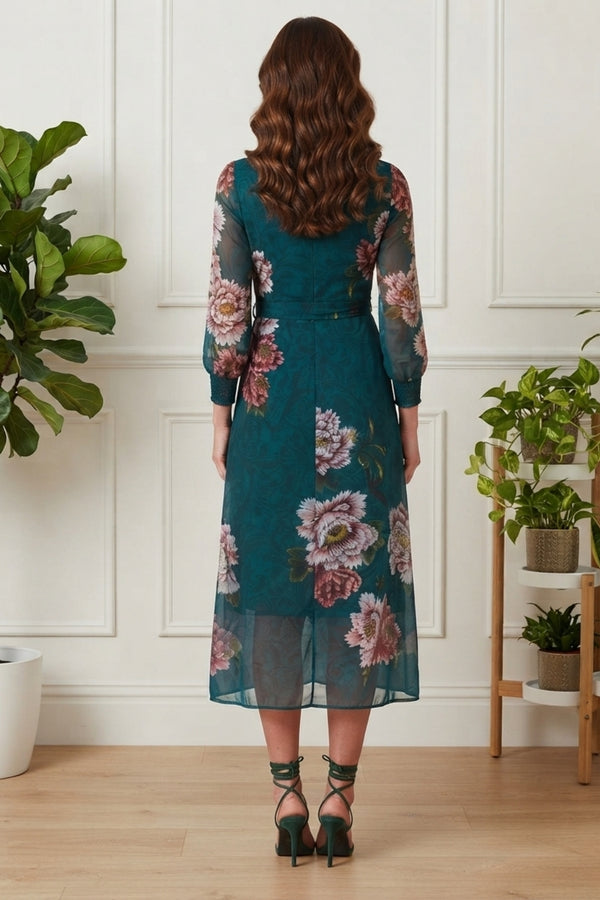 Floral Semi Sheer Tie Midi Dress| MULTI GREEN