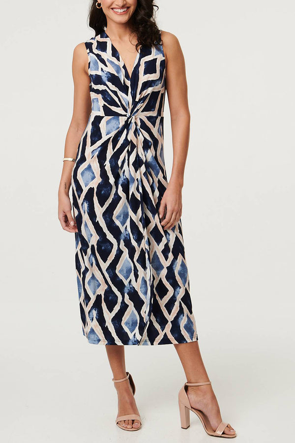Printed Sleeveless Twist Midi Dress| NAVY