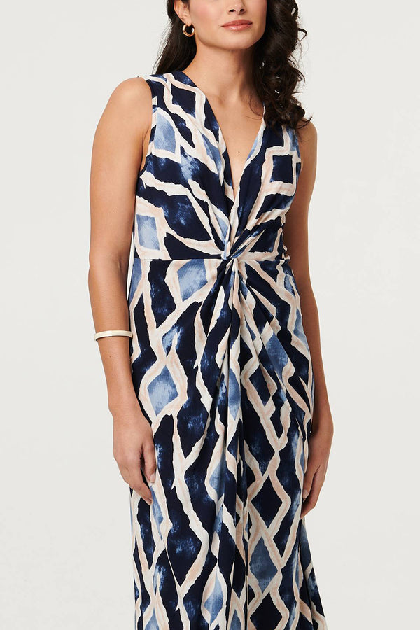 Printed Sleeveless Twist Midi Dress| NAVY