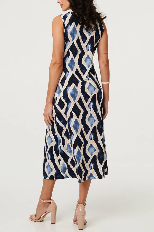 Printed Sleeveless Twist Midi Dress| NAVY