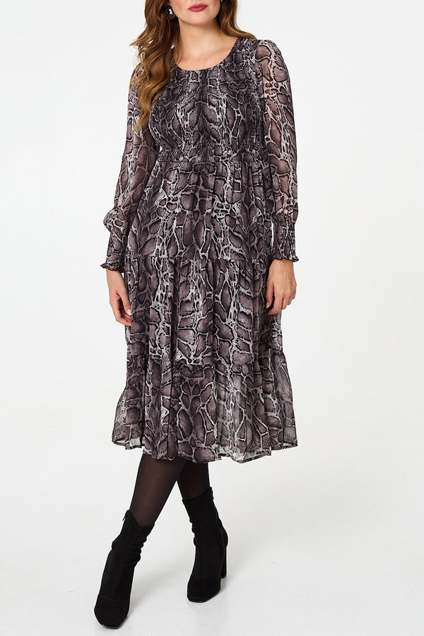 MULTI BLACK| Printed Semi Sheer Midi Smock Dress