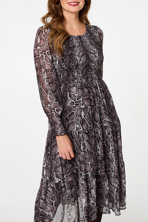 MULTI BLACK| Printed Semi Sheer Midi Smock Dress