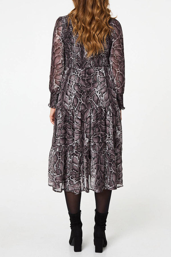 MULTI BLACK| Printed Semi Sheer Midi Smock Dress