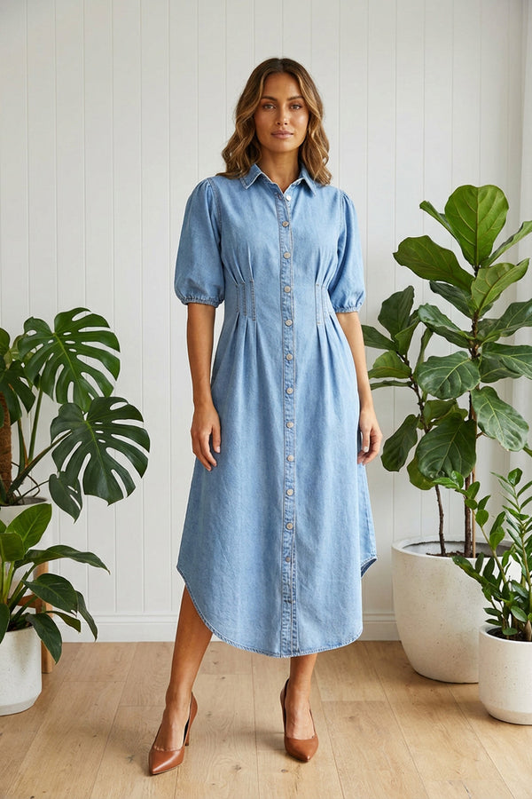 MID-DENIM/ Denim Curve Hem Midi Shirt Dress