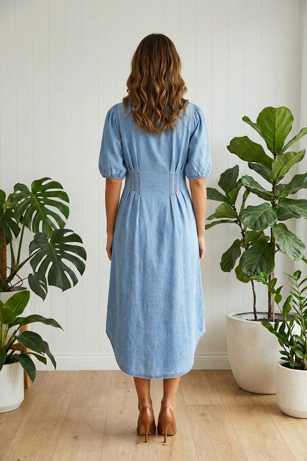 MID-DENIM/ Denim Curve Hem Midi Shirt Dress