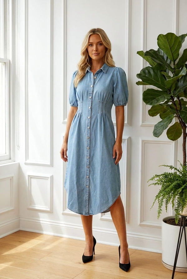 MID-DENIM/ Denim Curve Hem Midi Shirt Dress