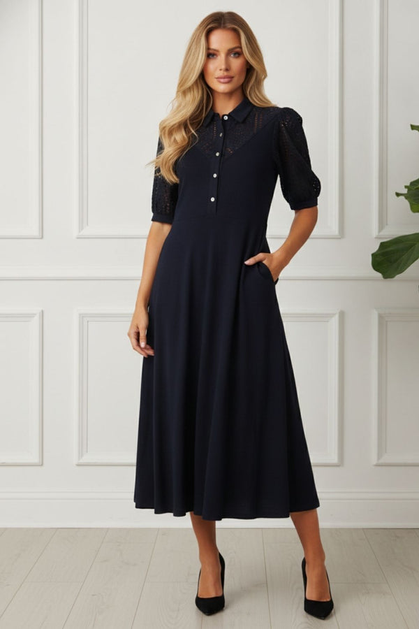 Broderie Anglaise 1/2 Sleeve Midi Dress| NAVY