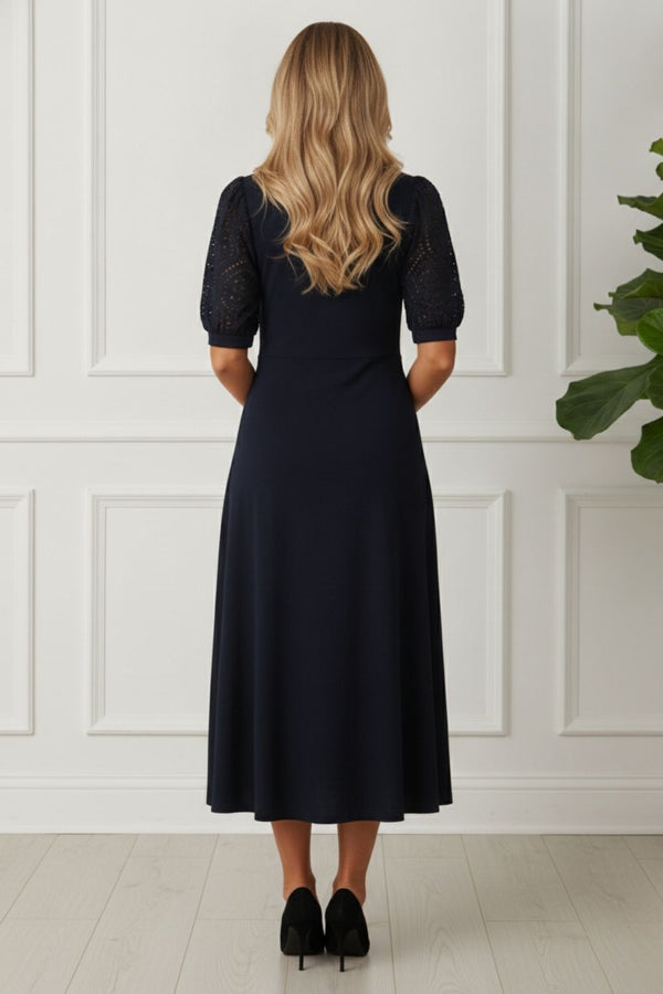 Broderie Anglaise 1/2 Sleeve Midi Dress| NAVY